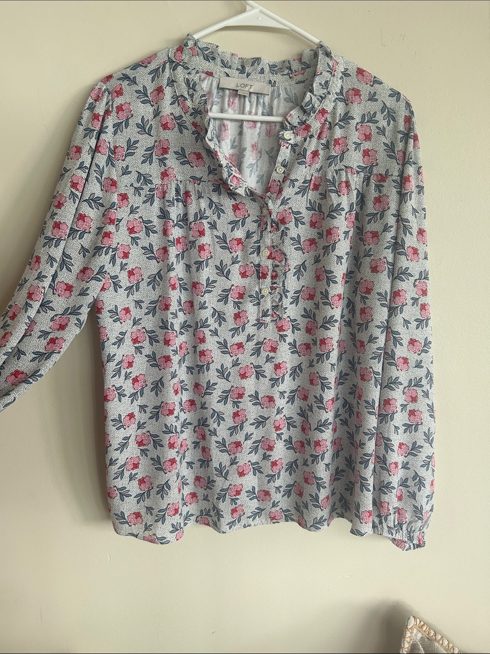 LOFT Pink Floral Ruffle Henley Blouse